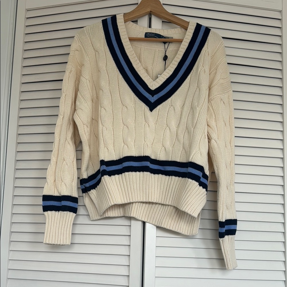 Polo Ralph Lauren Cable Knit V-Neck Sweater - Cream and Navy